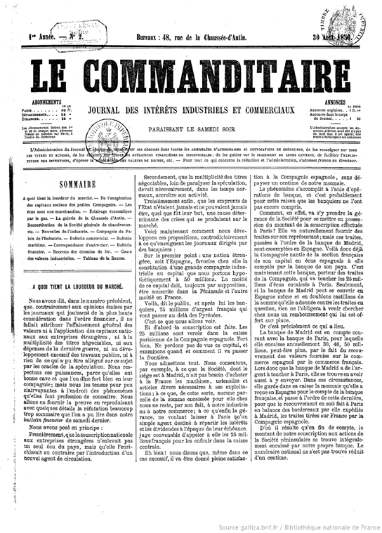 6. la société en comandite : photo d'un journal du 30 août 1850